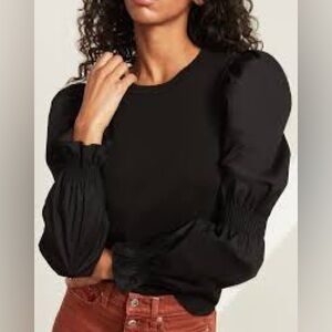 Veronica Beard Black Long-Sleeve Puff & Smocked Top